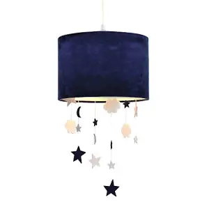 Soft Midnight Blue Velvet Pendant Lamp Shade with Hanging Felt Stars and Clouds