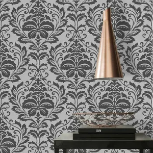 AS Creation Floral Damask Baroque Ornament Jewel Wallpaper Metallic Embossed 10m Roll Silver Black 36910-2