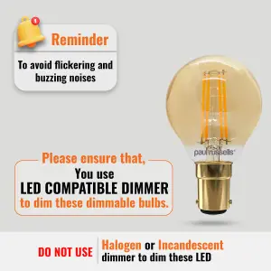 paul russells LED Filament Dimmable Golf Bulb, SBC B15, 4.5W 423 Lumens, 40w Equivalent, 2200K Extra Warm White, Pack of 10