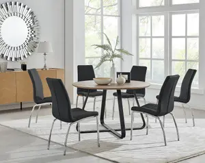 Furniturebox UK Santorini Brown Round Round Dining Table And 6 Black Isco Chairs