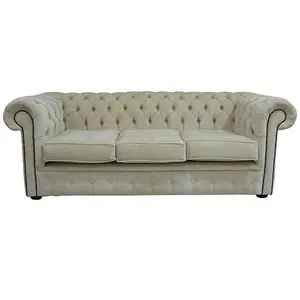 Chesterfield Handmade 3 Seater Sofa Settee Velluto Chiffon Beige Fabric In Classic Style