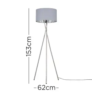 ValueLights Camden Brushed Chrome Metal Tripod Floor Lamp with Grey & Chrome Cylinder Shade - Includes 6w LED Bulb 3000K