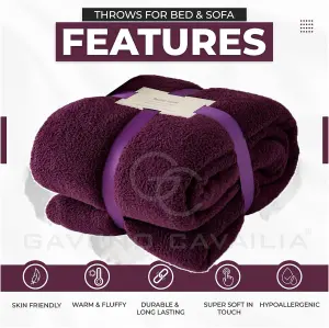 GC GAVENO CAVAILIA Teddy Bear Aubergine Light Weight Sherpa Fleece Faux Fur Sofa Throw Super Soft Warm Cosy King Bed Blanket