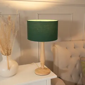 ValueLights Victoria Traditional Light Wood Candlestick Table Lamp with Forest Green Drum Shade