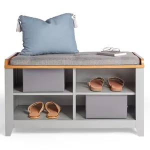 VonHaus Shoe Storage Bench with Padded Seat & 4 Open Storage Shelves - Grey Multifunctional Hall Shoe Rack Bench w/Ash Wood Veneer