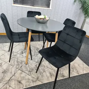 Dining Table Set Of 4 Round Grey Dining Table And 4 Black Velvet Tufted Chairs For Kitchen Room Dining Room