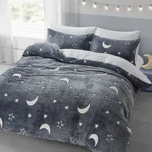 Moons & Stars Glow In The Dark Grey Kids Boys Girls Grey Reverse Soft Feel Fleece Duvet Cover Quilt Bedding Set with Pillowcases