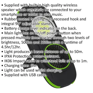 Rechargeable Torch with Built In Wireless Speaker - 10W COB LED - USB Cable