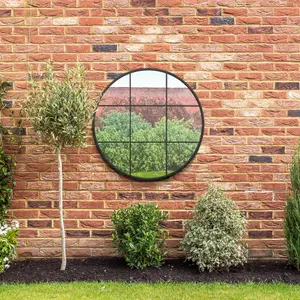 MirrorOutlet - The Circulus - Black Metal Frame Round Garden Wall Mirror 39" x 39" (100 x 100 cm)