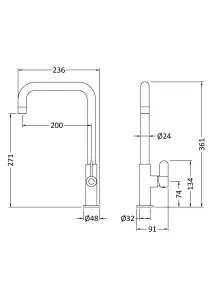 Kitchen Mono Mixer Tap with 1 Lever Handle, 361mm - Brushed Brass