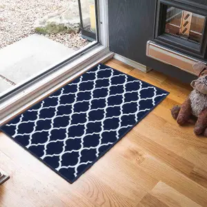 Machine Washable Trellis Design Anti Slip Doormats Navy 40x60 cm