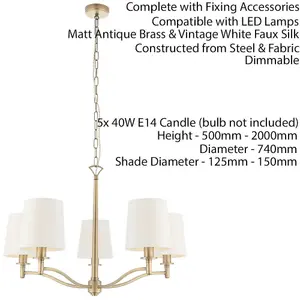 Multi Light Ceiling Pendant 5 Bulb ANTIQUE BRASS & WHITE Chandelier Lamp Shade