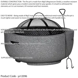 60cm Dark Grey Round Fire Pit and BBQ Grill for Garden Parties