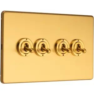 4 Gang Quad Retro Toggle Light Switch SCREWLESS SATIN BRASS 10A 2 Way Lever