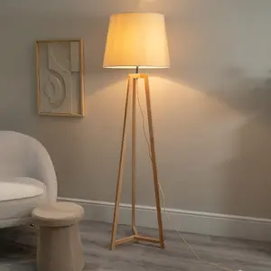 ValueLights Lottie Natural Wood Tripod Floor Lamp with Beige Tapered Shade - LED Bulb Included