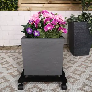 35cm Black Square Wooden Garden Plant Pot Flower Trolley Stand On Wheels