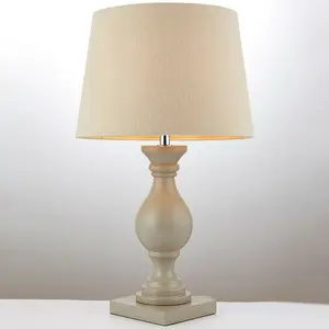 Classic Wooden Table Lamp Ivory & Off White Linen Shade Pretty Bedside Light