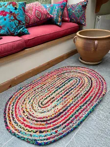 MISHRAN Oval Rug Braid Hand Woven with Recycled Fabric - Jute - L120 x W180