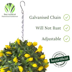 Pair of Best Artificial 24cm Yellow Lush Tulip Hanging Basket Flower Topiary Ball - Weather & Fade Resistant