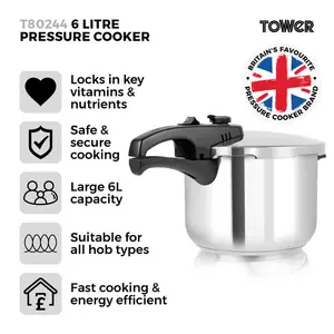 Tower T80244 Pressure Cooker with Steamer Basket, Stainless Steel, 6 Litre , Silver 6 L