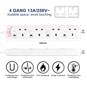 Extrastar 4 Way Socket with Cable 3M,White,Individually Switched Sockets, Surge Indicator, 13A