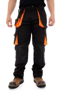 SSS Mens Work Trousers Cargo Knee Pad Pockets Workwear Pants, Black-Orange, 30in Waist-30in Leg-Small