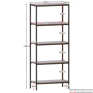 Vida Designs Brooklyn Dark Wood 5 Tier Bookcase Industrial Freestanding Shelving Unit (H)1440mm (W)600mm (D)300mm