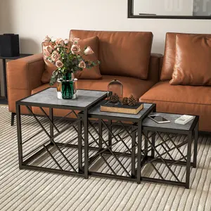 HOMCOM Set of 3 Nesting Coffee Tables Square End Tables w/ Metal Frame, Grey