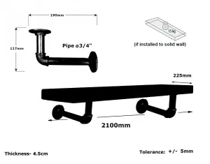 Wooden Shelf with Bracket PIPE Black 225mm Antique Grey Length of 210cm