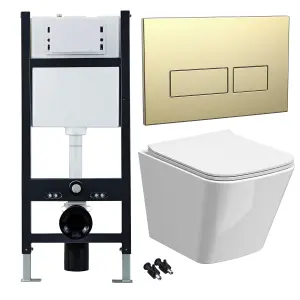 Bubly Bathrooms™ White Rimless Square Wall Hung Toilet Pan, Seat & 1.13m Concealed Cistern Frame - Brass