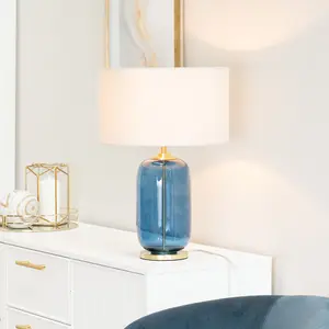 ValueLights Leigh Navy Blue Glass and Gold Detail Table Lamp with White Drum Shade Light - LED Bulb Included