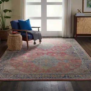 Multi Traditional Persian Easy to Clean Floral Rug For Bedroom Dining Room Living Room -122cm (Circle)