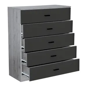 URBNLIVING Height 90.5cm 5 Drawer Wooden Bedroom Chest Cabinet Modern Ash Grey Carcass and Black Drawers Wide Storage Cupboard