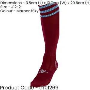 JUNIOR Size 12-2 Pro 3 Stripe Football Socks - MAROON/SKY BLUE - Contoured Ankle