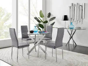 Furniturebox UK Novara Chrome Metal Round Glass Dining Table And 4 Grey Velvet Milan Chairs