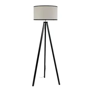 ValueLights Barbro Black Wood Tripod Floor Lamp with Natural Linen with Black Trim Drum Shade and LED Bulb