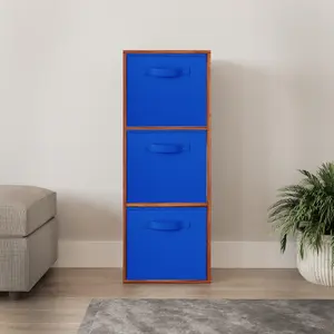 URBNLIVING 80cm Height 3 Cube Teak Wooden Shelves Cubes Cupboard Storage Units With Dark Blue Drawer Insert