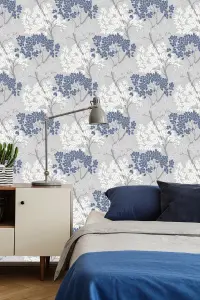 Fresco Lykke Tree Floral Navy Wallpaper