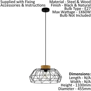 Hanging Ceiling Pendant Light Black Geometric Cage & Wood 1x E27 Bulb Feature