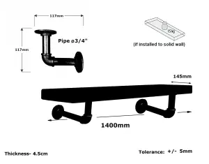 Wooden Shelf with Bracket PIPE Black 145mm Walnut Length of 140cm