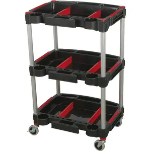 Efficient 3 Level Wheeled Workshop Trolley with Ample Parts Storage - 30kg Capacity per Shelf