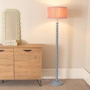 ValueLights Bobbins Powder Blue Floor Lamp with Ruched Pleated Blush Pink Drum Shade