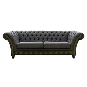 Chesterfield 3 Seater Sofa Antique Olive Leather Marinello Pewter Fabric In Jepson Style