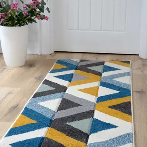 Navy Blue Ochre Diamond Geometric Living Area Runner Rug 60x240cm