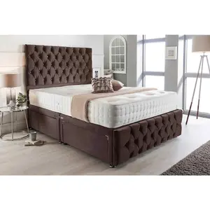 Merina Divan Bed Set with Tall Headboard and Mattress - Chenille Fabric, Brown Color, 2 Drawers Right Side