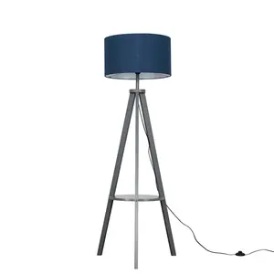 Ismay 149 cm Morrigan Wood Tripod Floor Lamp with Shelf & XL Reni Shade Light Brown / Navy Blue / Yes