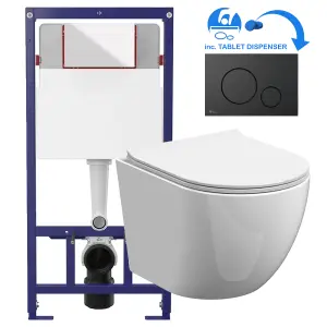 White Round Rimless Wall Hung Pan & Soft Close Seat Toilet & Flush Plate Set-Matt Black