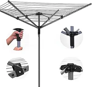 Wadan 4 Arm 50 Meter Grey Rotary Washing Lines - Heavy Duty Folding Garden Clothes Airer Dryer with Cover & Metal Ground Spike