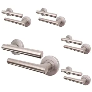 AFIT Satin Nickel Internal Door Handle - 5 Pairs Satin Lever on Rose Round T-Bar  Handles- Olvera Range