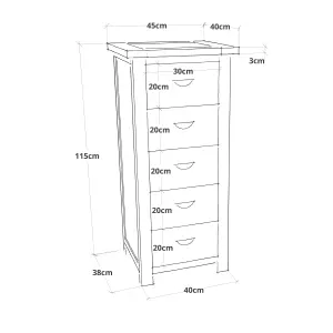 Lovere 5 Drawer Narrow Chest of Drawers Chrome Cup Handle